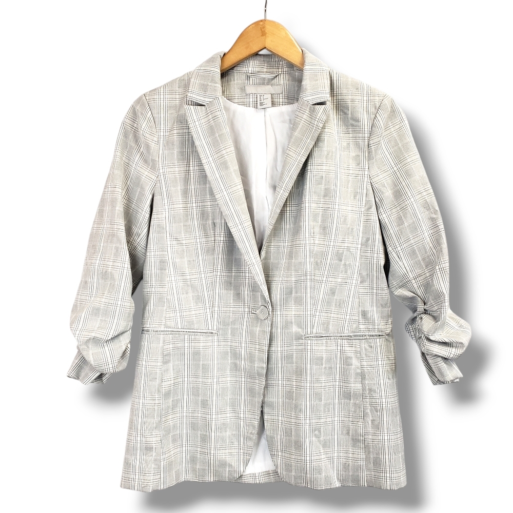 H&M Light-grey Plaid Scrunch Sleeve Single Button Blazer Size 4